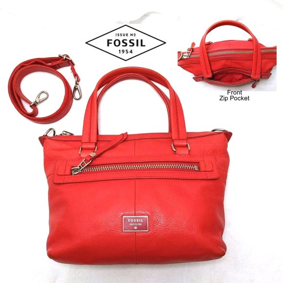 FOSSIL Issue No. 1954 Orange Red Cow Hide Leather Crossbody Satchel Shoulder Bag - Picture 7 of 13
